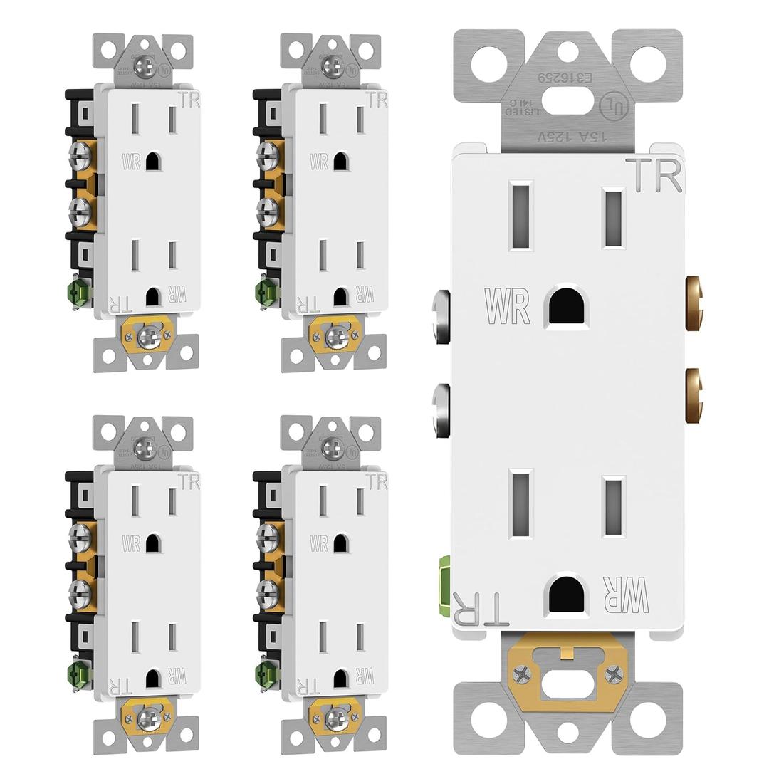 ENERLITES 15Amp Tamper-Weather-Resistant Decorator Receptacle, Outdoor Standard Outlet, Residential Grade, 15A 125V, Self-Grounding, 2-Pole, 3-Wire, 5-15R, UL Listed, 61501-TWR-W, White, 5 Pack