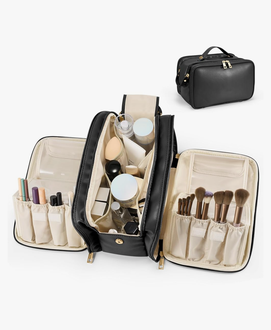 Travel Makeup Bag Women's Large Capacity Cosmetic Portable Organizer Large Opening Waterproof Storage Toiletry Bags Vertical Free-Standing Brush Holder for Easy Access Black