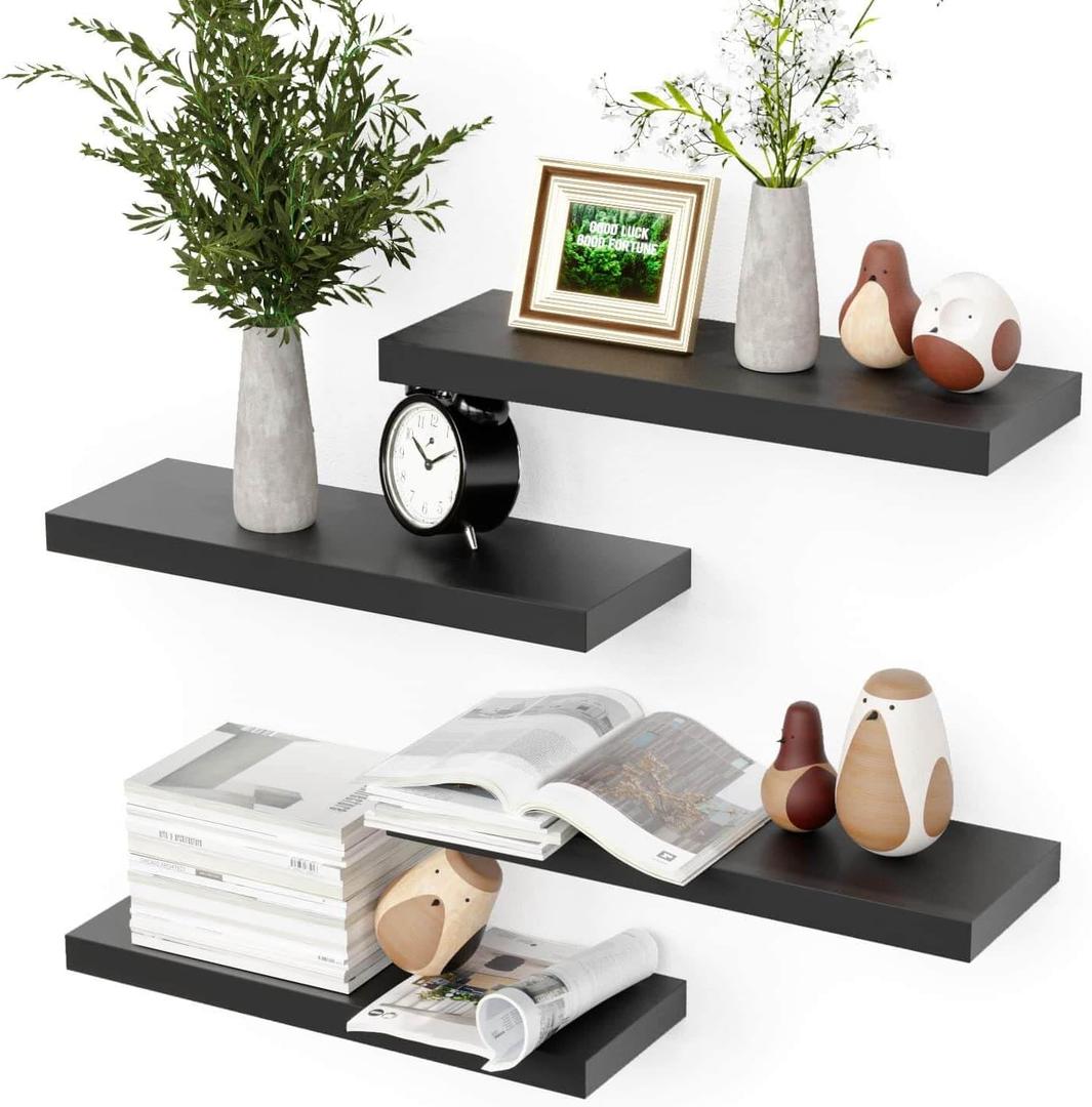 Black Floating Shelves for Wall, 4 Sets Wall Mounted Shelves, Display Shelves for Wall Decor, Shelf for Bathroom, Kitchen, Living Room, Black