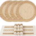 YANGQIHOME Boho Placemats Set of 4, Farmhouse Rustic Woven Placemats for Dining Table Decor, Handmade Braided Place Mats in Natural Cotton Jute and Water Straw for Kitchen Table