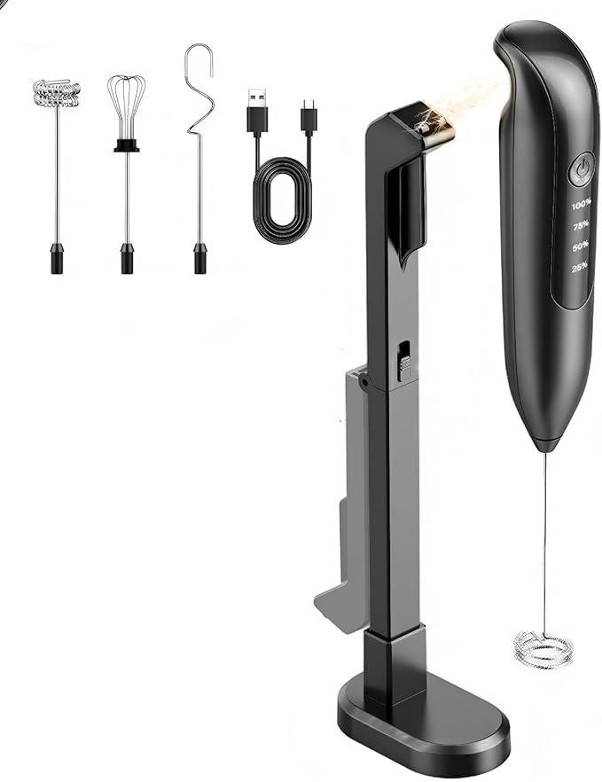 Dynooper Electric Milk Frother Handheld: Rechargeable 3 in 1 LED Digital Display with 3 Speeds Portable Stainless Steel Drink Foam Mixer for Milk Coffee, Lattes, Black