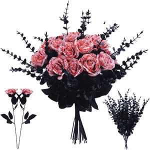 20 Pcs Halloween Artificial Roses and 28 Black Eucalyptus Stems, Blood White Silk Fake Flowers with Bendable Stems, DIY Gothic Wedding Bouquet, Haunted House Decor