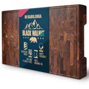 Extra Large Black Walnut End Grain Cutting Board 24 x 15 x 1.7 Inch, Butcher Block with Juice Groove & Handles, Reversible Charcuterie & Chopping Board, Non Toxic Wooden Board with Oil & Plate