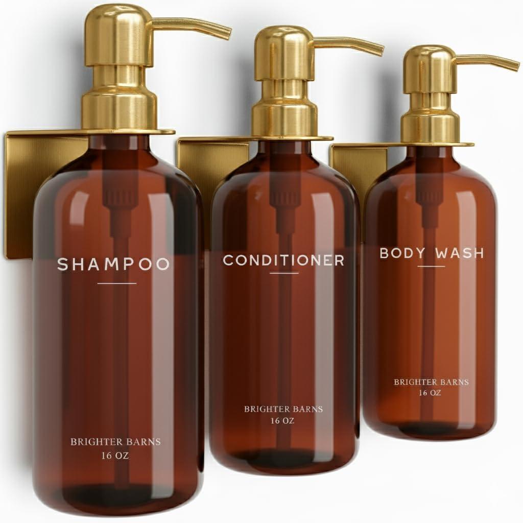 Luxury Shampoo and Conditioner Dispenser Set Wall Mounted by Brighter Barns - Plastic Shower Dispenser Set - 3 Chamber Drill Free Shampoo Bottle - Modern Bathroom Decor for Guest Bathroom (Amber Gold)
