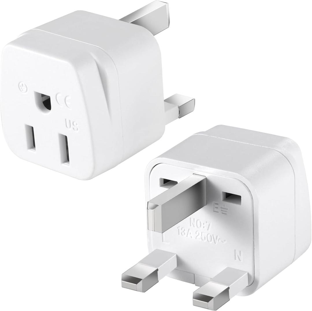 2 Pack US to UK Travel Plug Adapter, Type G, 3 Pin Grounded Wall Outlet Power Adapter for Scotland, British London, England, Hong Kong, Ireland and More (White)