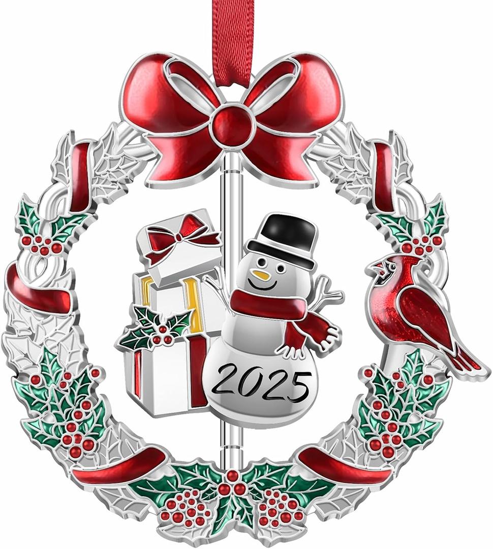 Christmas Ornament 2025 for Xmas Tree Decorations, 2025 Christmas Wreath Ornament with Rotatable Snowman for Holiday Decorative Keepsake Gift
