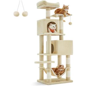 Feandrea Cat Tree, 61-Inch Cat Tower for Indoor Cats, Plush Multi-Level Cat Condo with 5 Scratching Posts, 2 Perches, 2 Caves, Hammock, 2 Pompoms, Beige UPCT192M01