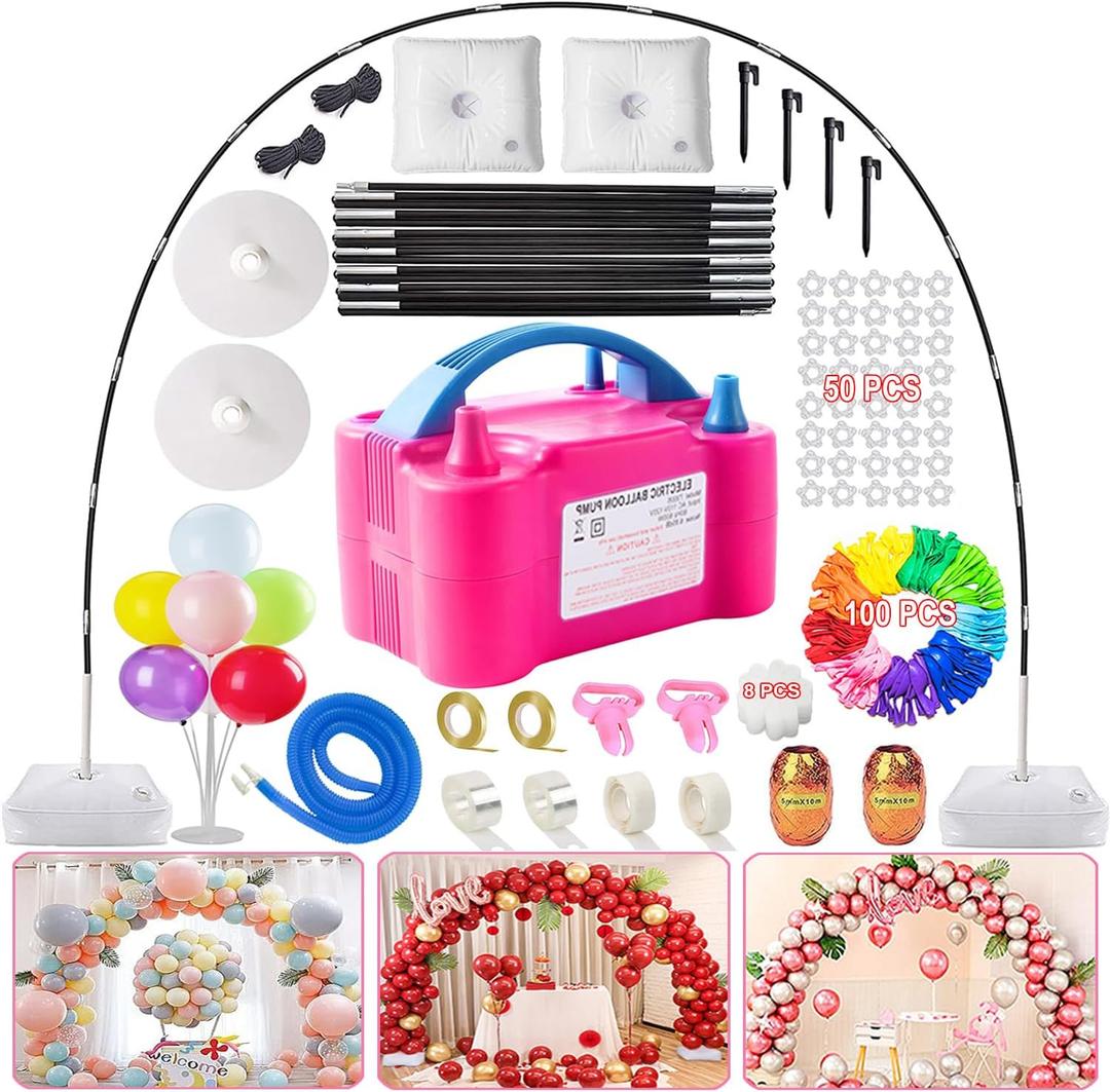 Balloon Arch Kit and Balloon Pump, 9Ft Tall & 10Ft Wide Adjustable Balloon Arch Stand with Water Base, Electric Pump, Balloons and Accessories for Wedding Birthday Party Decoration (Multicolor)