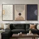 Framed Large Boho Neutral Abstract Wall Art for Living Room, Black Beige Sun and Moon Paintings Prints for Hallway Office, Set of 3 Piece Modern Minimalist Canvas Artwork Pictures 24x36 Inch