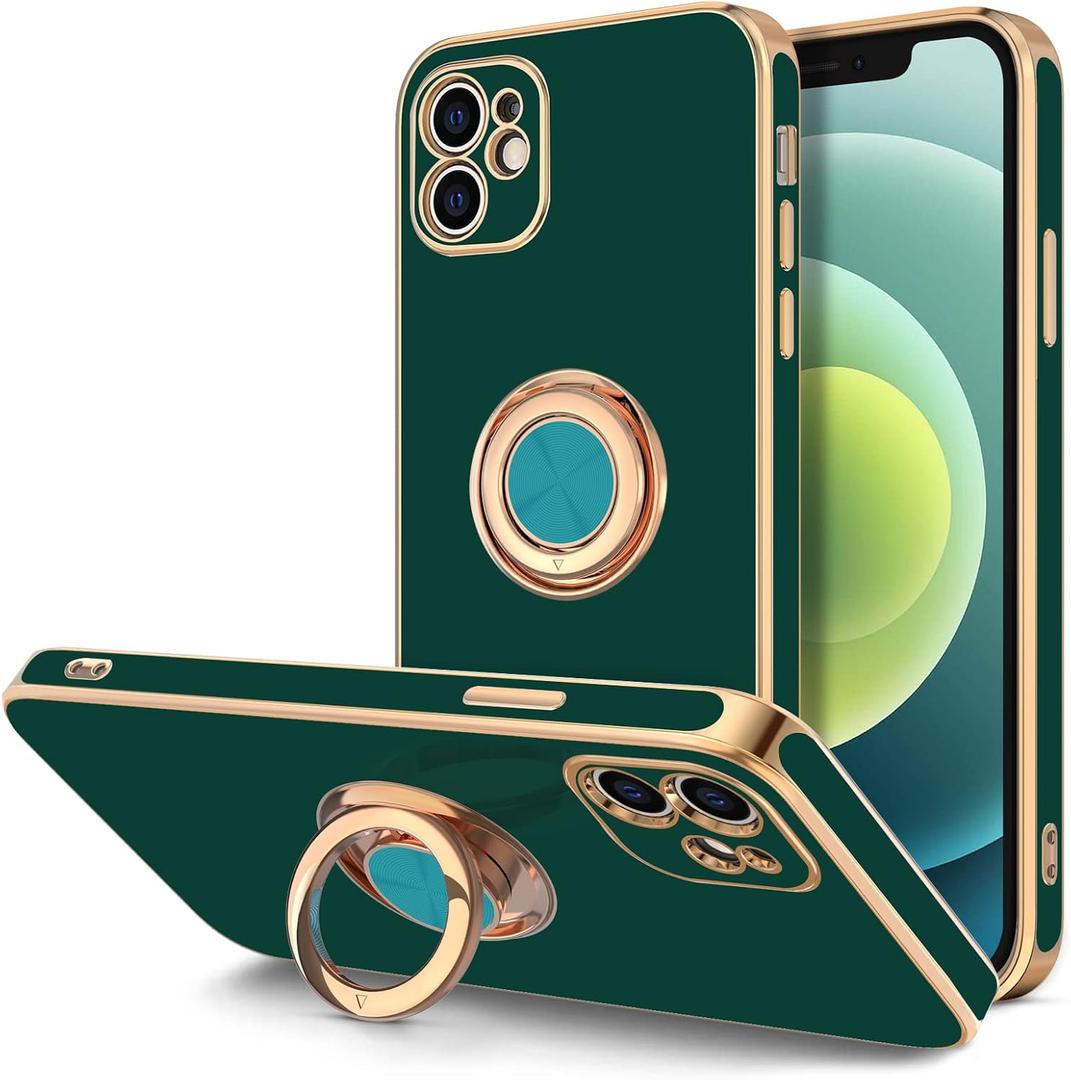 iPhone 12 Case with Ring Stand [360° Rotatable Ring Holder Magnetic Kickstand] [Soft Microfiber Lining] Plating Rose Gold Edge Shockproof Protective Phone Cases Cover, Midnight Green