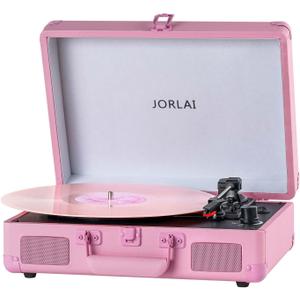 Portable Record Player with Bluetooth 3 Speed Turntable Built in Rechargeable Battery Vintage Suitcase Design with RCA Line Out and Aux in (Pure Pink)
