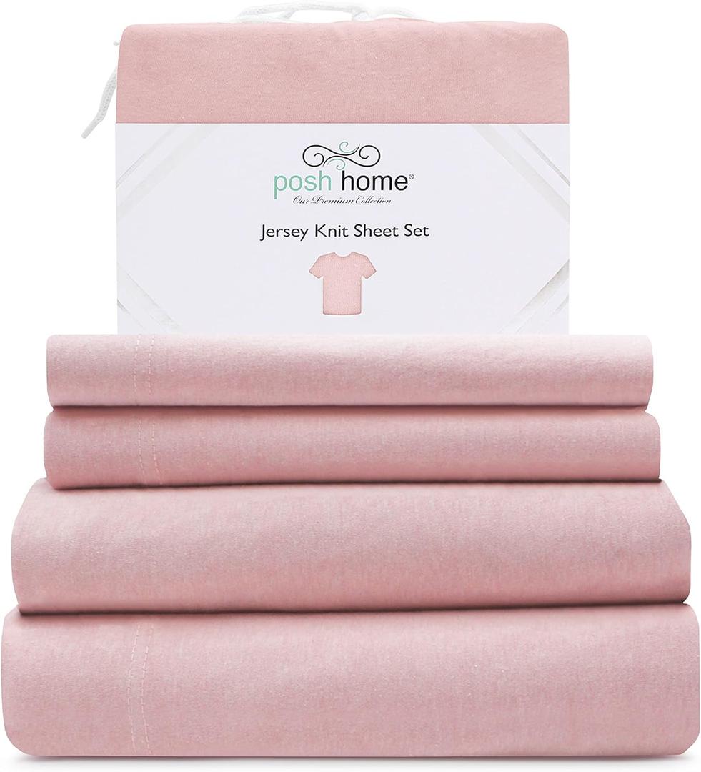 Posh Home Jersey Knit Sheet Set 4-Piece Breathable & Soft Cotton Jersey Bed Sheets - Includes Flat Sheet, Fitted Sheet, & 2 Pillowcases - Full Size, Pink