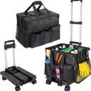 Extra Large Rolling Cleaning Caddy Bag with Detachable Trolley, Upgraded 360 Free Rotating with 5 Wheels and Dust-Proof Lid, Professional Cleaning Supplies Bag for Housekeepers, Black