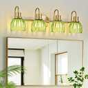 4-Light Bathroom Light Fixtures, 27" Vintage Gold Vanity Lights for Bathroom, Modern Vanity Lights with Ribbed Green Tulip Glass Shade, Wall Lamp for Mirror Living Room Hallway