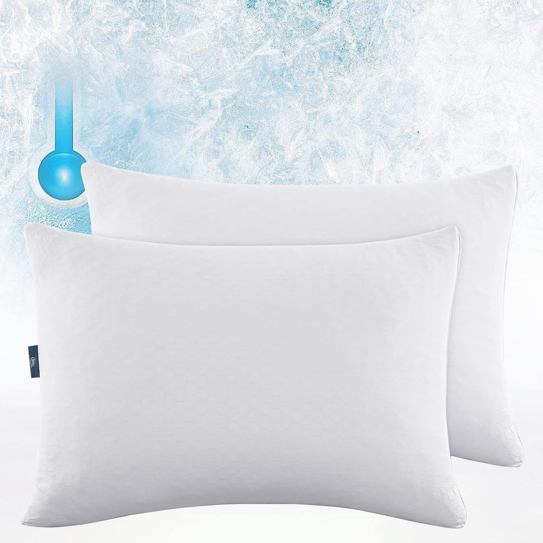 Serta Power Chill Cooling Medium/Firm Down Alternative Bed Pillows for Side, Stomach or Back Sleepers (2 Pack), Queen, White