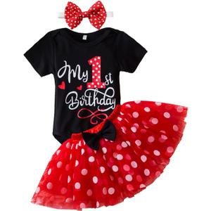 TTYAOVO Baby Girl 1st Birthday Outfits Sets Polka Dot Dress Romper+Tutu Skirt+Headband (Size 9-12M, 916 Red)