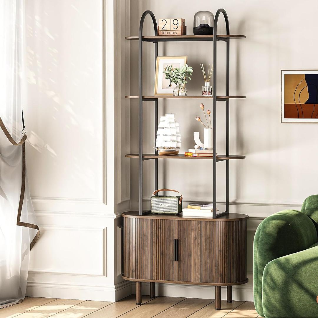 71" Tall Mid-Century Display Shelf Bookshelf with Sliding Tambour Doors, 4-Tier Freestanding Vinyl Record Player Stand Fluted Storage Cabinet for Living Room, Bedroom, Home Office