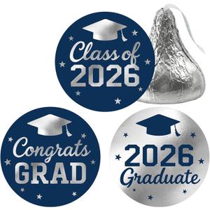 3 x Anwyll 240Pcs Graduation Candy Kisses Stickers Class of 2026 Stickers 0.75'' Graduation Party Favors Decoration Sticker Self Adhesive Congrats Grad Sticker for Senior College Chocolate(Blue&Silver)