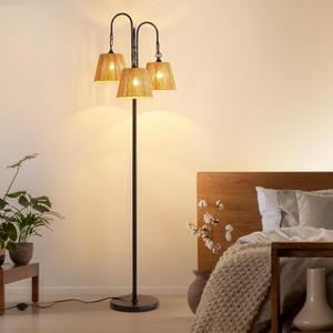 Rattan Floor Lamp, 68in. Boho Floor Lamps with Natural Shade, 3-Light Tree Lamp for Coastal, Beach or Bohemian Style Decor, E26 Socket, On/Off Footswitch Lamp for Living room, Bedroom (Bohemian-Black) Rattan Floor Lamp, 68in. Boho Floor Lamps with Natural Shade, 3-Light Tree Lamp for Coastal, Beach or Bohemian Style Decor, E26 Socket, On/Off Footswitch Lamp for Living room, Bedroom (Bohemian-Black)