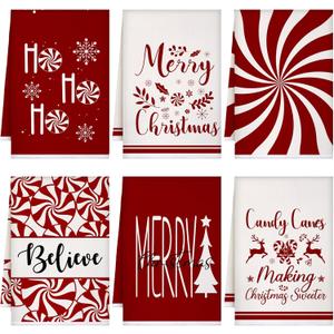 Breling 6 Pcs Christmas Kitchen Towels Red White Candy Tea Dishtowel 23.62 x 15.75 Inch Decorative Peppermint Candy Cane Hand Towel for Holiday Winter Home Kitchen Bathroom Decor Housewarming Gift