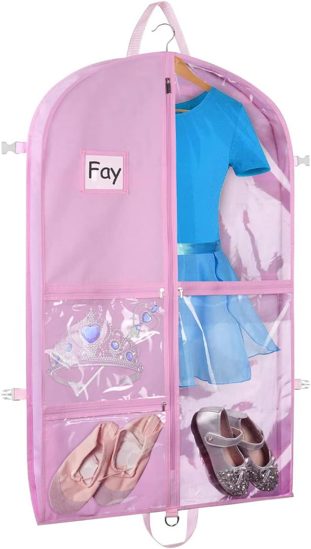 Zilink 40" Dance Costume Garment Bag Clear Dance Costume Bag for Hanging Storage with 5 Clear Zipper Pockets Stable Buckles and Carry Handles for Dance Competition Closet Storage, Pink