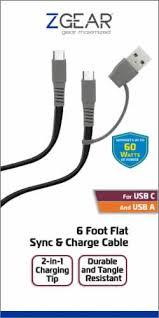 Zgear, Data Cable USB C & USB A 60 Watts 6'