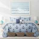 Quilts for Double Queen Bed Blue Anchors Bedspreads Soft Bed Summer Quilt Lightweight Microfiber Bedspread-Modern Style Pattern Coverlet for All Season - 3 Piece (1 Quilt, 2 Pillow Shams)