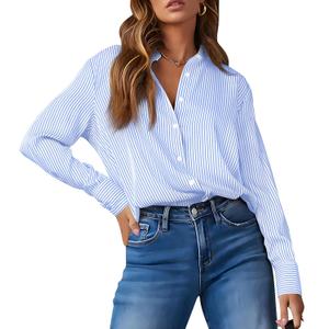 OMSJ Womens Striped Button Down Shirts Casual Long Sleeve Stylish Collared Office Work Blouses Tops (M)