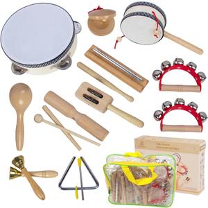 Wooden Musical Instruments Set for Toddlers 1-3, Natural Wood Percussion Instruments Xylophone Gift Set for Girls Boys Kids , Preschool Educational Musical Toys with Storage Bag (Log Color)