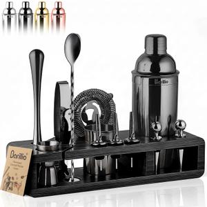 Barillio Black Bartender Kit - Stainless-Steel Cocktail Shaker Set w/Black Bamboo Stand - Mixology Bar Tools w/Drink Shaker, Mixer and Muddler for Cocktails - Home Bar Accessories - 23-Pc Bar Set