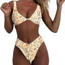 geluboao Bikini Set for Women Solid V Neck Knot Front Push Up High Leg Thong Two Piece Swimsuit Size Medium