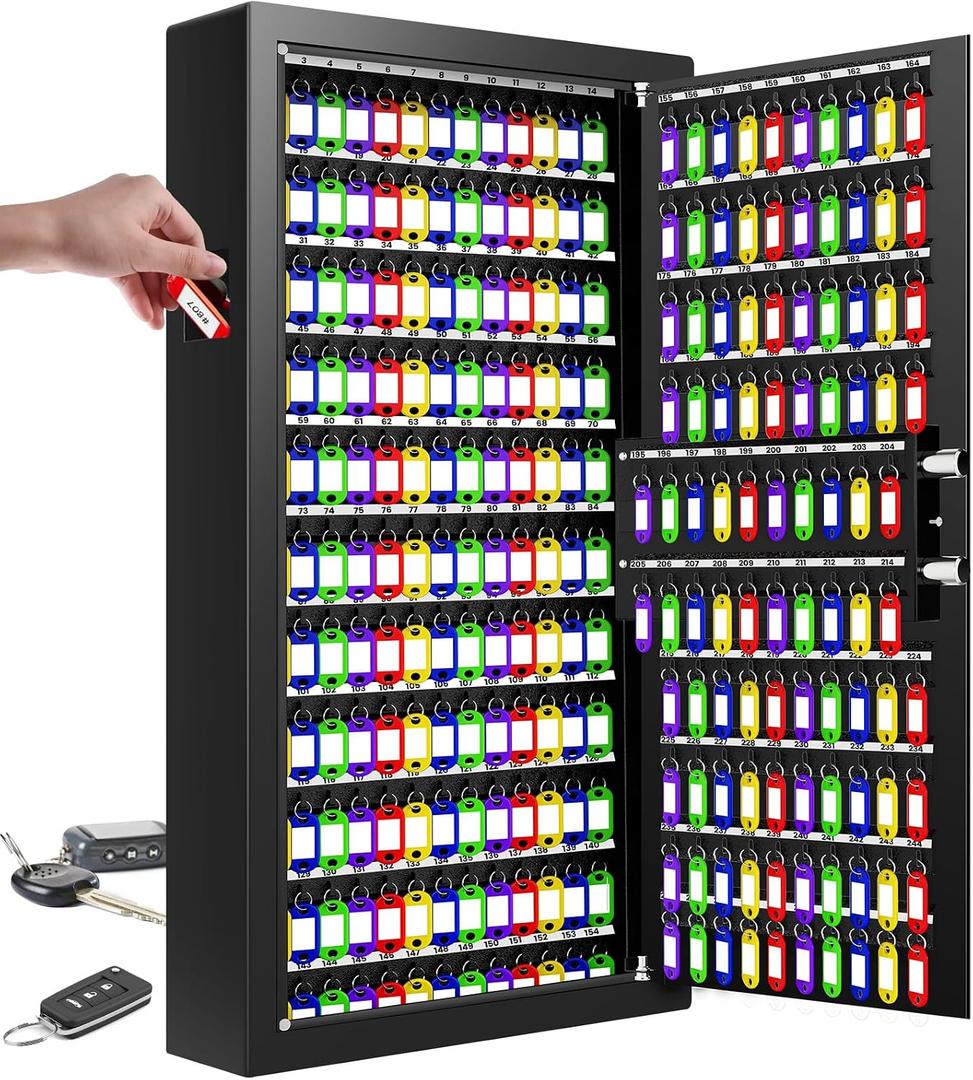 254 Keys Digital Key Lock Box Wall Mount with Code, Heavy Duty Anti-Theft Key Lock Box with Side Drop Slot and Colorful Key Tags for Car Garage House Rental Office, 254 Position Key Cabinet