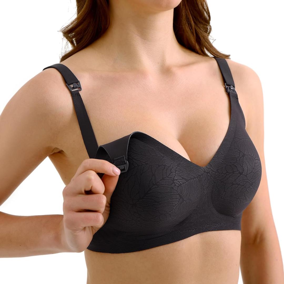 Double Couple Comfort Nursing Bras for Breastfeeding Sleeping Maternity Bra Seamless V Neck Wireless Bra with Extenders (Small, Black)