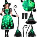 Spooktacular Creations Light-up Witch Costume for Girls, Toddlers Print Witch Outfit Set for Kids Halloween Dress Up Parties (Small (5-7 yrs), Green)