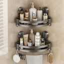 VOLPONE Corner Shower Caddy Suction Cup, 2 Pack Shower Shelves No Drilling, Showers Organizer Storage with Towel Bar & Removable Hooks, Bathroom Shower Shelf Rack for Inside Showers
