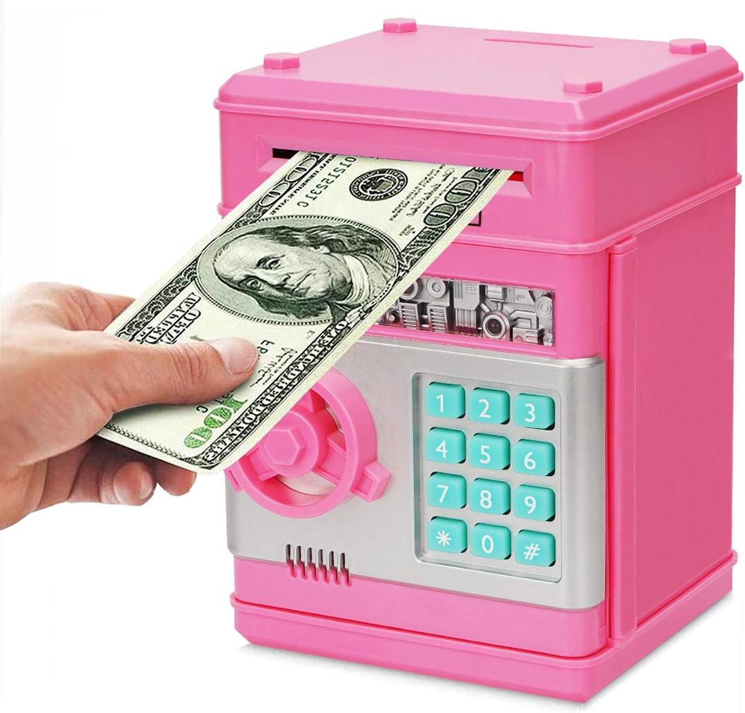 Adevena Electronic Piggy Bank, Mini ATM Password Money Bank Cash Coins Saving Box for Kids, Cartoon Safe Bank Box Perfect Toy Gifts for Boys Girls (Pink)