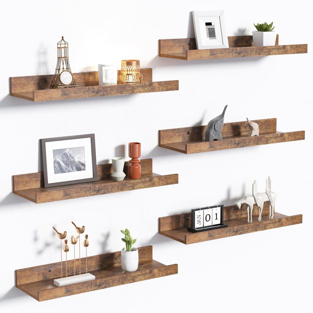 upsimples Floating Shelves for Wall, Wall Shelves for Decor Storage Set of 6, Wall Mounted Wood Shelves for Bedroom, Living Room, Bathroom, Kitchen, Picture Ledge Shelves, Brown (15.7in)