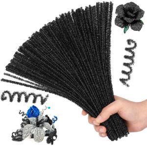 Pipe Cleaners Black, 100PCS Pipe Cleaners Craft Supplies, Glitter Black Chenille Stems Pipe Cleaners for Hair Fuzzy Sticks for DIY Art and Craft Projects Home Christmas Decoration
