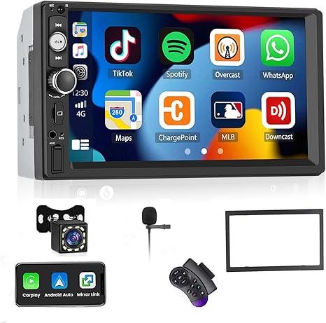 UNITOPSCI Double Din Apple CarPlay Car Stereo with Android Auto Bluetooth 7 Inch Touch Screen 2 Din Car Radio Car Multimedia MP5 Player AUX/USB/TF Card Input Mirror Link with Backup Camera Mic