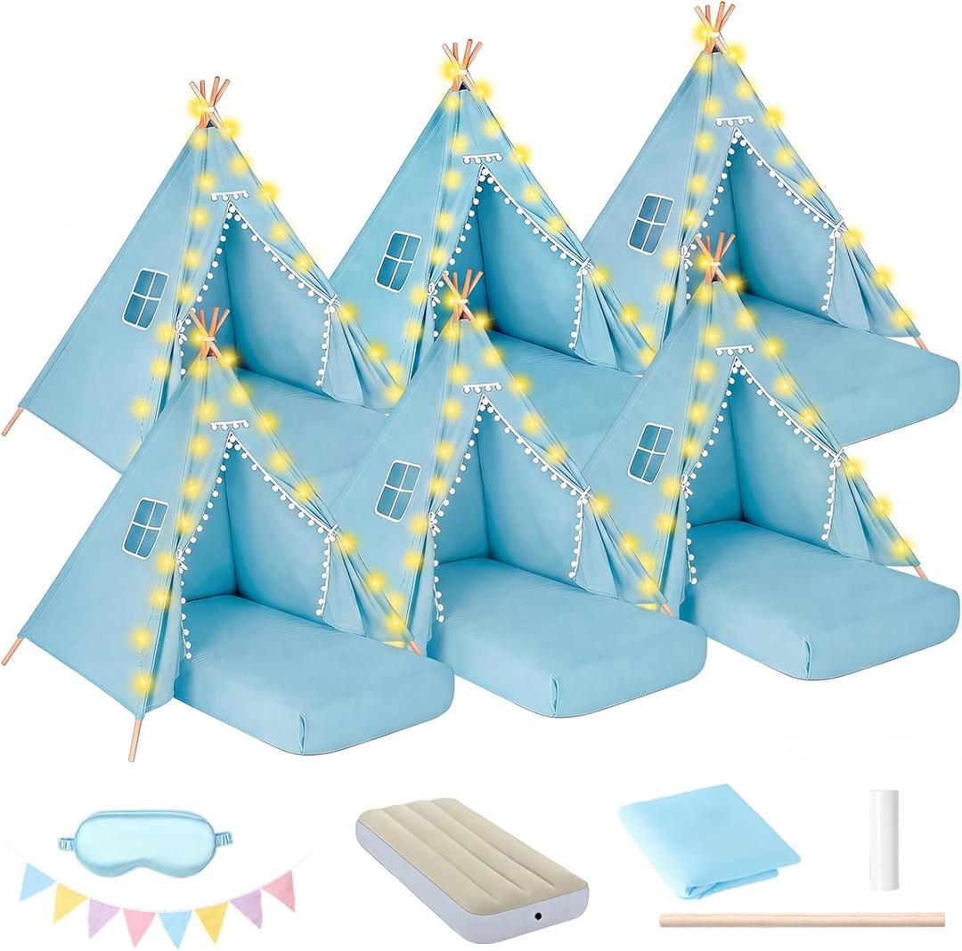 Teepee Tent, 6 Pack with Air Mattress (64"x28"), Sleeping Bag, Star Lights, Eye Mask, Banner, 6 Pompoms, Indoor Canopy Tent for Parties & Relaxation (Blue)