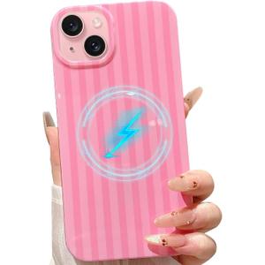for iPhone 15 Case Striped Phone Cases Aesthetic Women Girly Trendy Shockproof Slim Soft TPU Hard PC Pink Rose