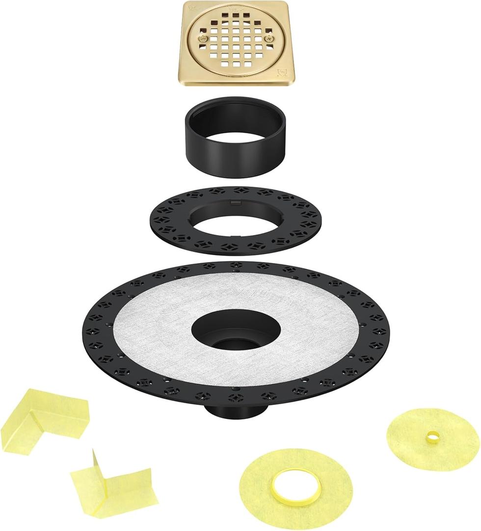 4 Drain Grate Kit - Compatible with Schluter Systems Kerdi Shower Drain - Shower Floor Drain Kit with Flange - SUS 304 Stainless Steel Grate & 2 Inch ABS Flange & CUPC Certification - Brushed Brass