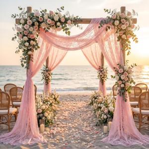 HunnmingRe Lace Wedding Arch Draping Fabric 30" x18 FT, 2 Panel, Pink