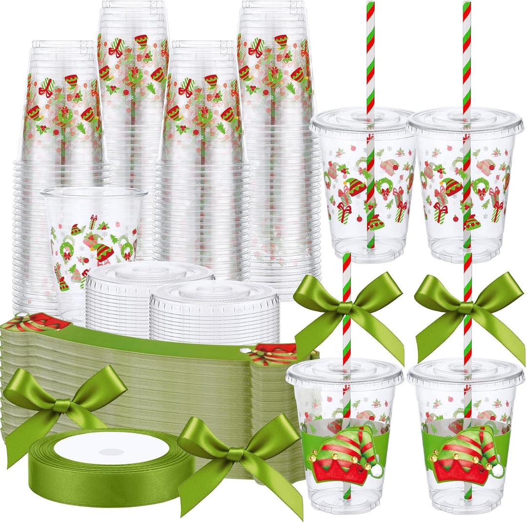 60 Pcs 12 oz Christmas Plastic Cups Bulk with Lids Sleeves and Straws Christmas Snowman Santa Claus Elf Hats Clear Plastic Cups Xmas Holiday Birthday Wedding Party Supplies
