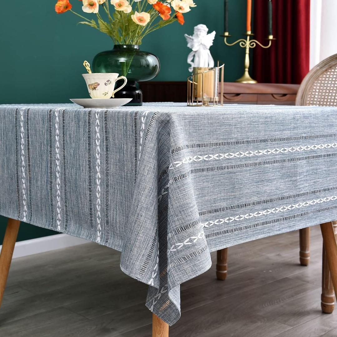 NEWISHER Rustic Farmhouse Embroidered Square Tablecloth Jacquard Striped Table Cloth Linen Texture Washable Dining Table Cover Kitchen Dining Home Decoration Blue and Grey 70x70 inch