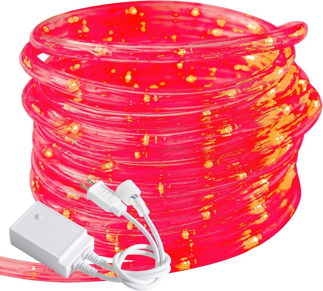 Waterproof LED Rope Lights, Connectable & Flexible with 8 Modes, Outdoor Lighting for Deck, Garden, Pool, Patio & Christmas Decor Transparent Tube (Red, 50ft)