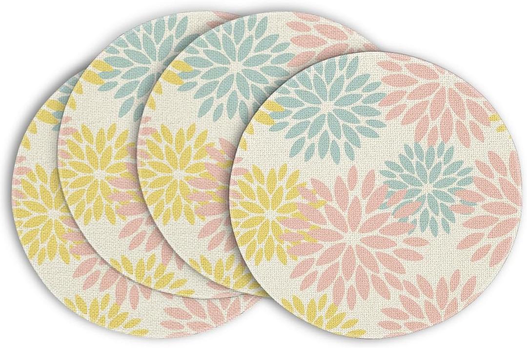 Artoid Mode Pink Yellow Blue Dahlia Floral Boho Easter Round Placemats Set of 4, 15 Inch Spring Round Table Mats for Dining Decoration