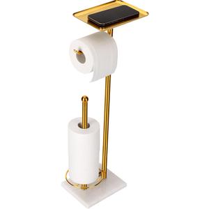 Toilet Paper Holder with Tray at The Top, Sturdy Marble Base No Wobby, Holding Extra 3 Toilet Paper Rolls As Spare Use, Freestanding No Drilling (Gold)