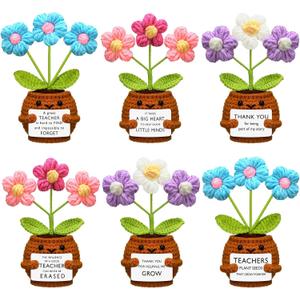 Wavwavw 6 Pcs Teachers Appreciation Gifts Bulk End of The Year Teacher Gifts Thank You Handmade Crochet with Inspirational Card for Women Graduation Office Decor(Puff Flower,Colorful)