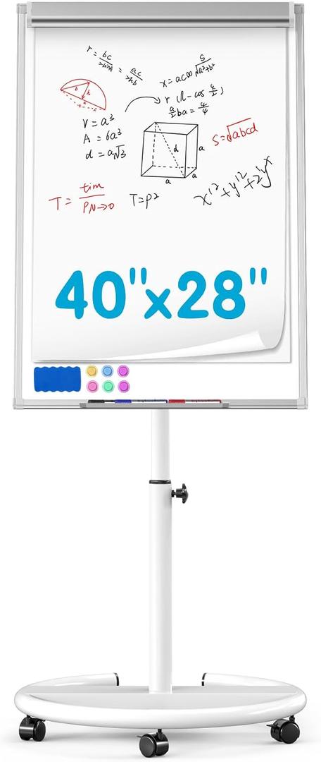 Mobile Dry Erase Board on Wheels 40 x 28 Inch-Magnetic Whiteboard Easel with Height Adjustable Stand - Rolling Presentation Board with Flipchart Paper Pad for Homeschool Teaching, Office, Workshops